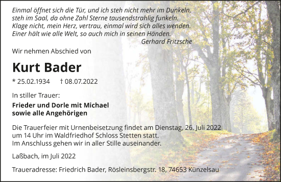 Traueranzeige von Kurt Bader von GESAMT