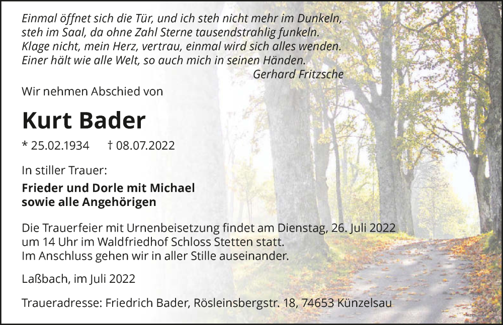  Traueranzeige für Kurt Bader vom 21.07.2022 aus GESAMT
