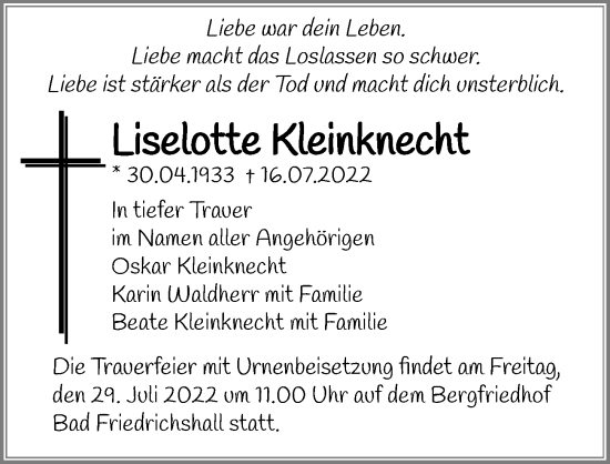 Traueranzeige von Liselotte Kleinknecht von GESAMT
