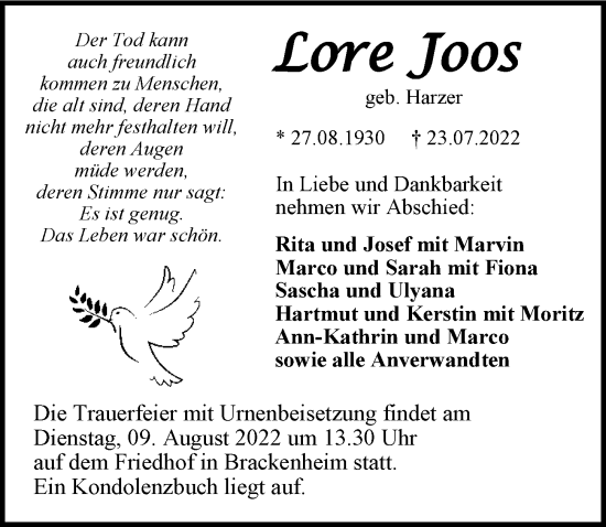 Traueranzeige von Lore Joos von GESAMT