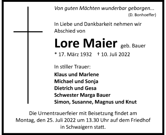 Traueranzeige von Lore Maier von GESAMT