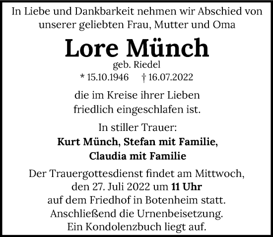 Traueranzeige von Lore Münch von GESAMT