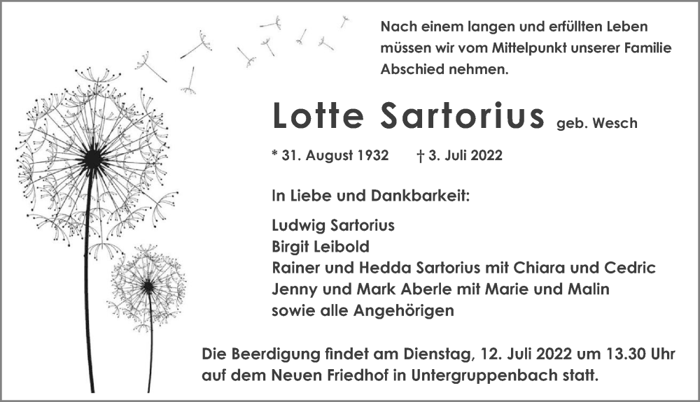  Traueranzeige für Lotte Sartorius vom 09.07.2022 aus GESAMT