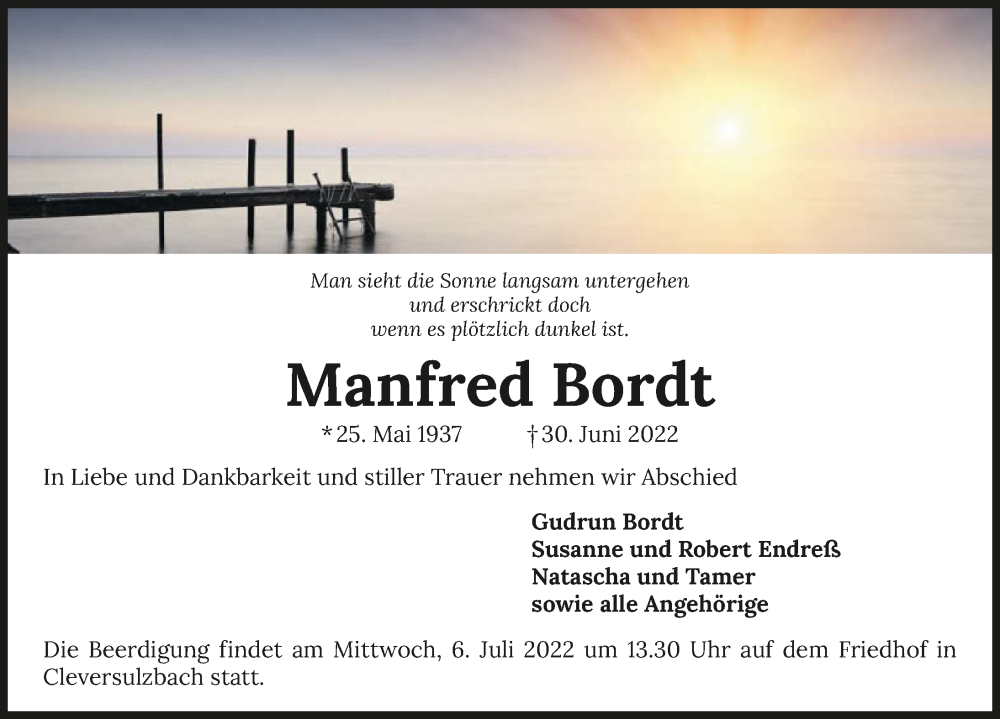  Traueranzeige für Manfred Bordt vom 02.07.2022 aus GESAMT