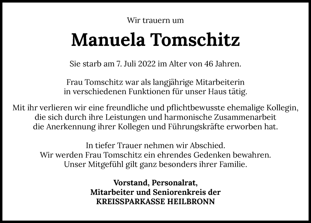 Traueranzeige für Manuela Tomschitz vom 15.07.2022 aus GESAMT
