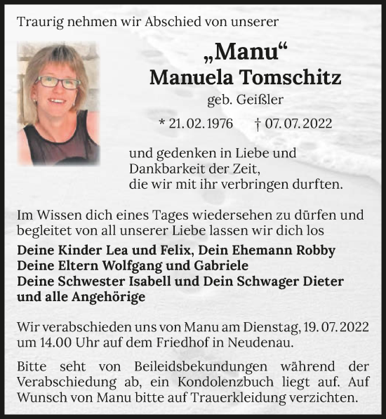 Traueranzeige von Manuela Tomschitz von GESAMT