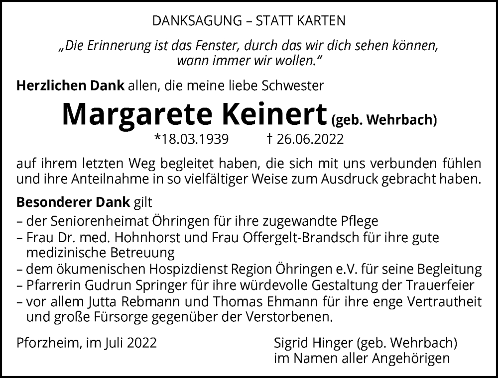  Traueranzeige für Margarete Keinert vom 23.07.2022 aus GESAMT