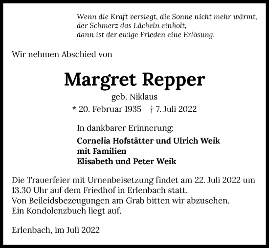 Traueranzeige von Margret Repper von GESAMT