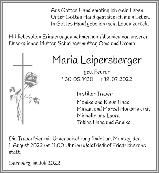 Traueranzeige von Maria Leipersberger von GESAMT