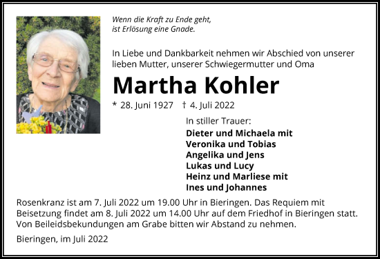 Traueranzeige von Martha Kohler von GESAMT