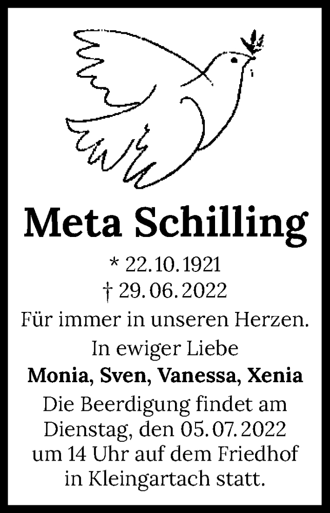  Traueranzeige für Meta Schilling vom 02.07.2022 aus GESAMT