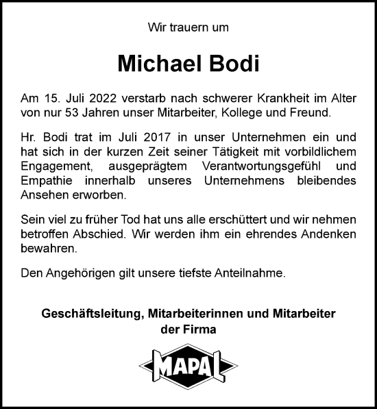 Traueranzeige von Michael Bodi von GESAMT