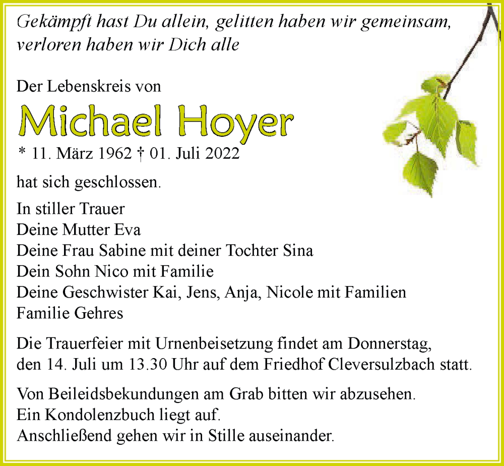  Traueranzeige für Michael Hoyer vom 09.07.2022 aus GESAMT