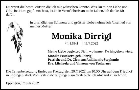 Traueranzeige von Monika Dirrigl von GESAMT