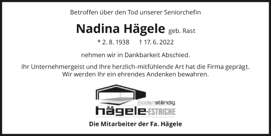 Traueranzeige von Nadina Hägele von GESAMT
