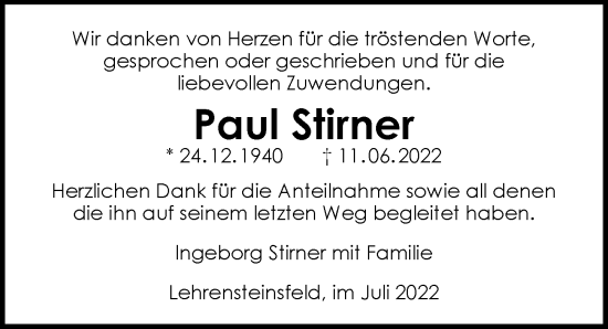 Traueranzeige von Paul Stirner von GESAMT