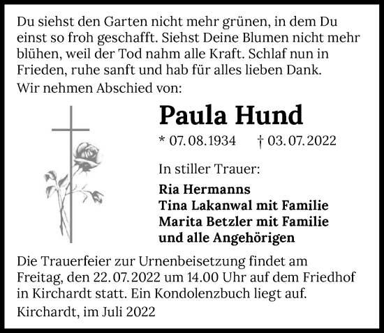 Traueranzeige von Paula Hund von GESAMT