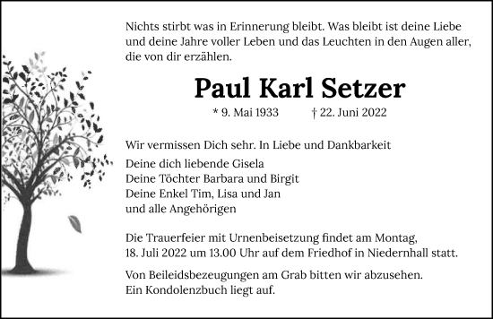Traueranzeige von Paul Karl Setzer von GESAMT