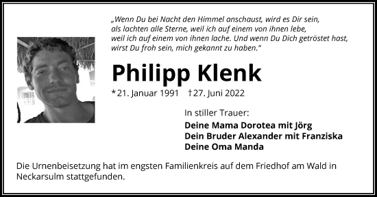 Traueranzeige von Philipp Klenk von GESAMT