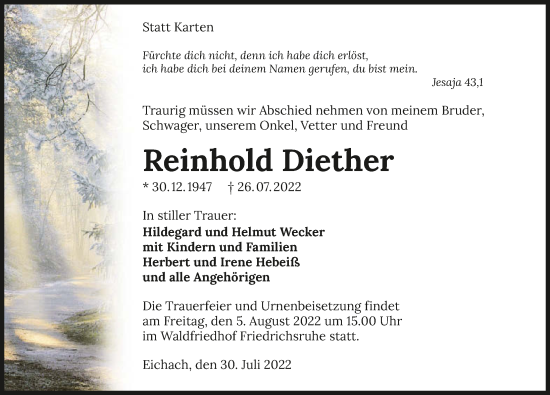 Traueranzeige von Reinhold Diether von GESAMT