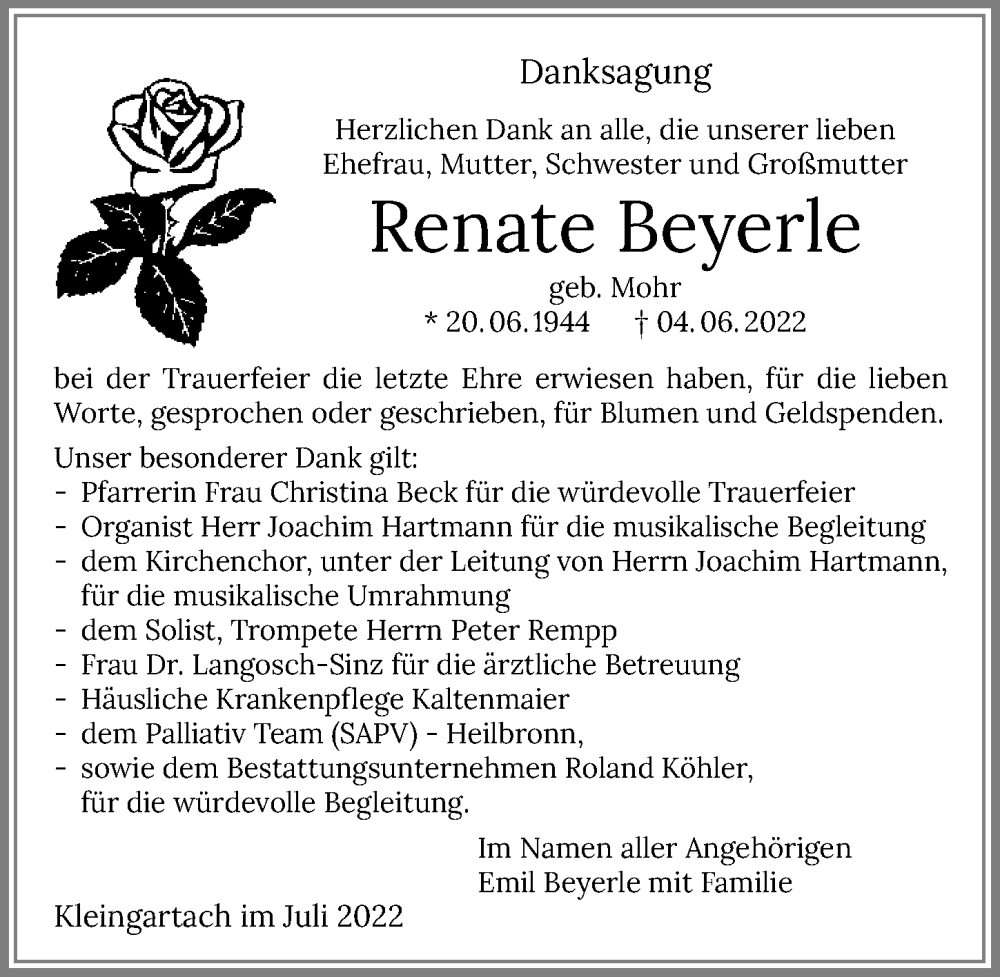  Traueranzeige für Renate Beyerle vom 06.07.2022 aus GESAMT