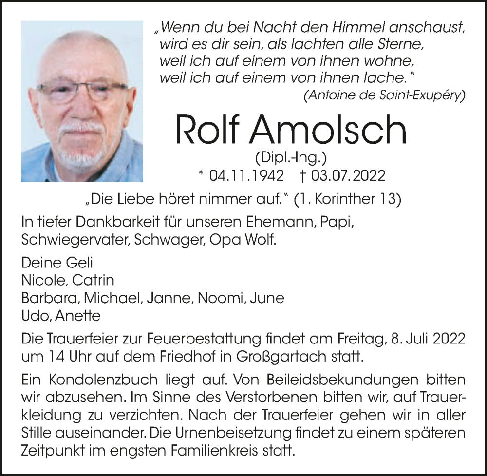  Traueranzeige für Rolf Amolsch vom 06.07.2022 aus GESAMT