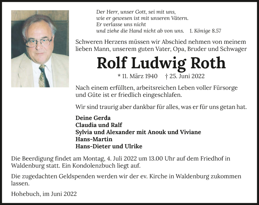  Traueranzeige für Rolf Ludwig Roth vom 30.06.2022 aus GESAMT