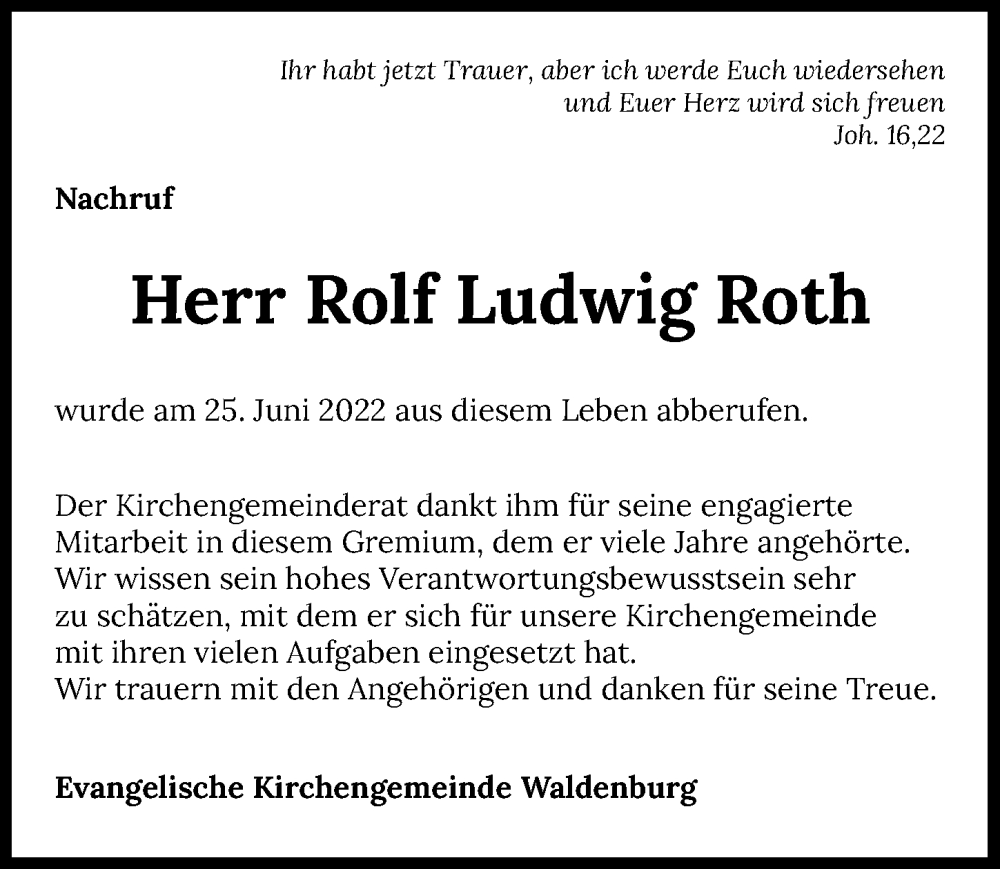  Traueranzeige für Rolf Ludwig Roth vom 04.07.2022 aus GESAMT