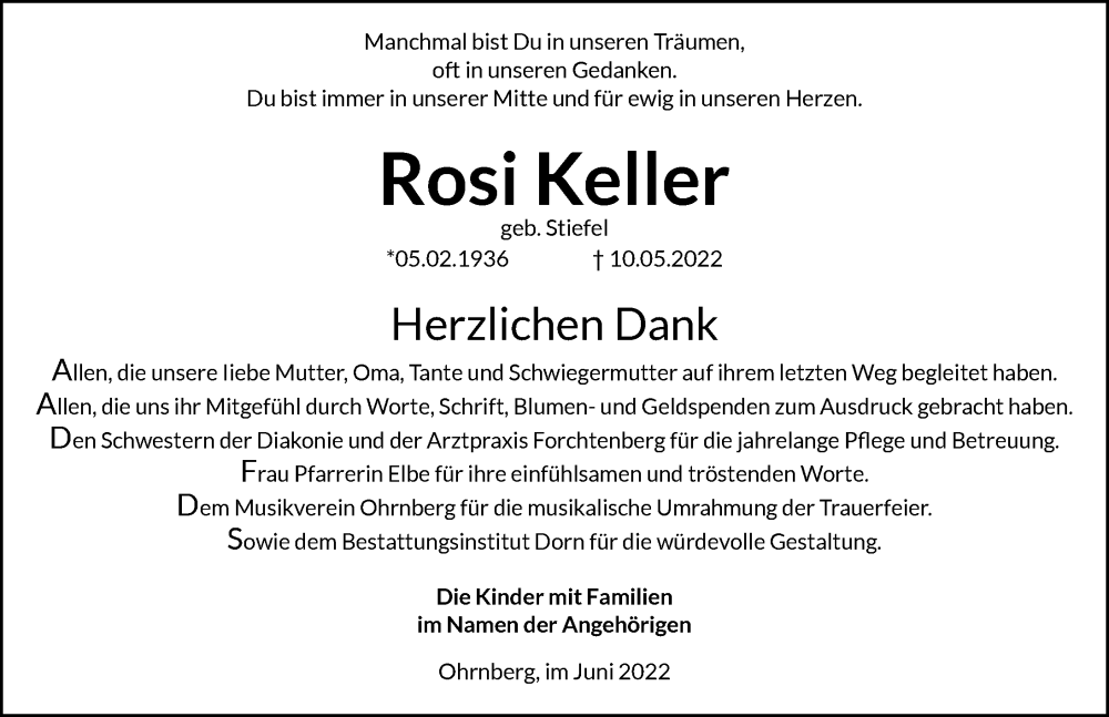  Traueranzeige für Rosi Keller vom 01.07.2022 aus GESAMT