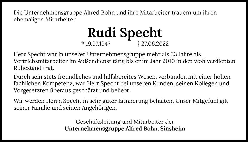  Traueranzeige für Rudi Specht vom 02.07.2022 aus GESAMT