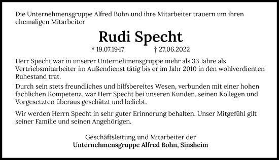 Traueranzeige von Rudi Specht von GESAMT