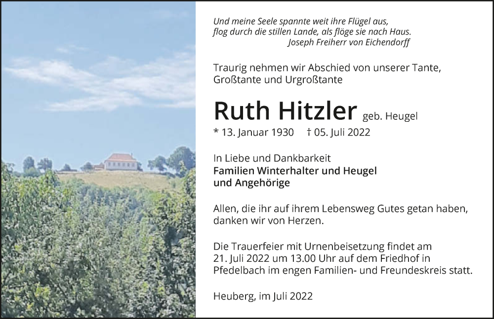  Traueranzeige für Ruth Hitzler vom 20.07.2022 aus GESAMT