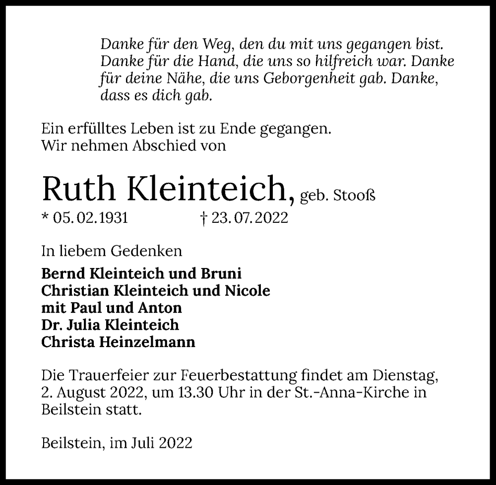  Traueranzeige für Ruth Kleinteich vom 30.07.2022 aus GESAMT