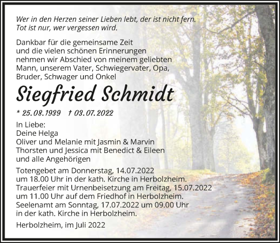 Traueranzeige von Siegfried Schmidt von GESAMT