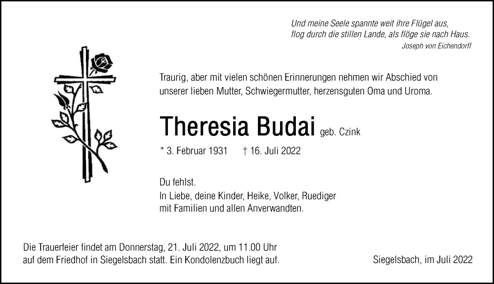  Traueranzeige für Theresia Budai vom 19.07.2022 aus GESAMT