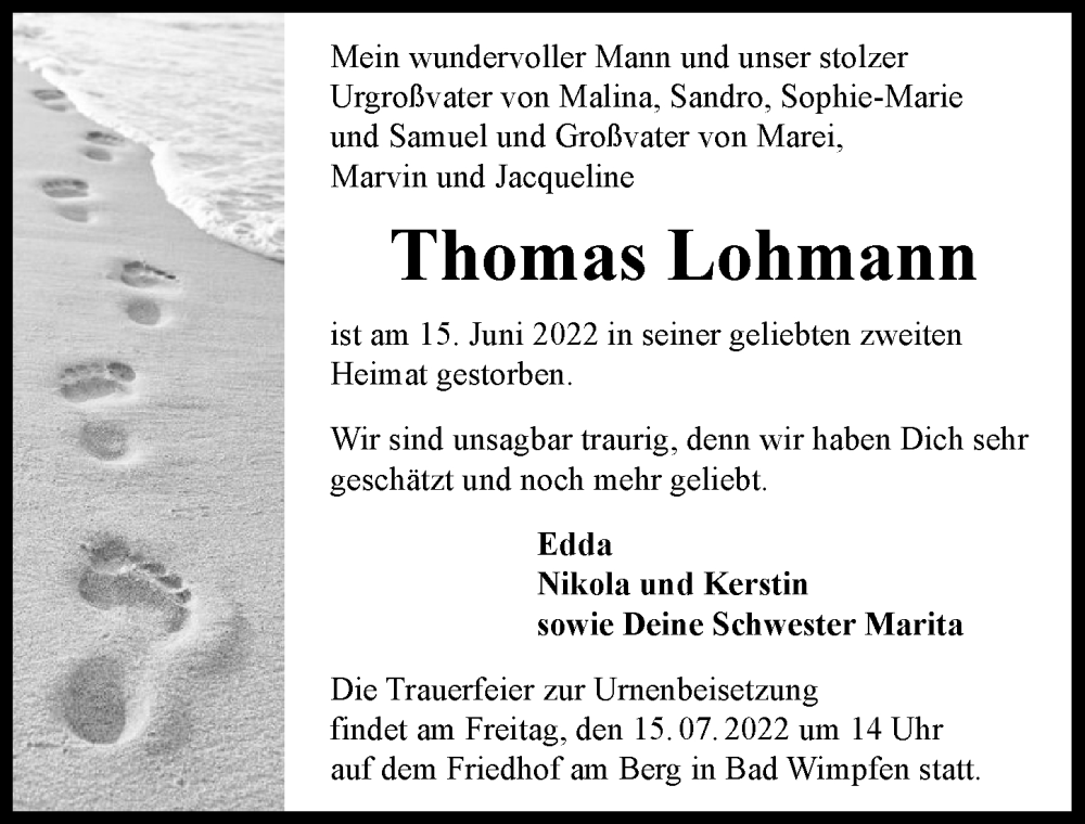  Traueranzeige für Thomas Lohmann vom 09.07.2022 aus GESAMT