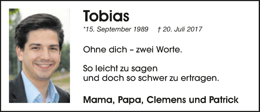  Traueranzeige für Tobias Schmidt vom 20.07.2022 aus GESAMT