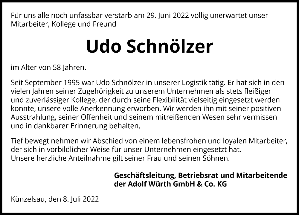  Traueranzeige für Udo Schnölzer vom 08.07.2022 aus GESAMT