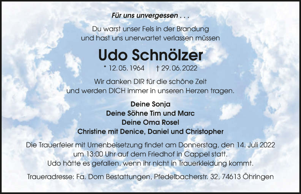  Traueranzeige für Udo Schnölzer vom 08.07.2022 aus GESAMT