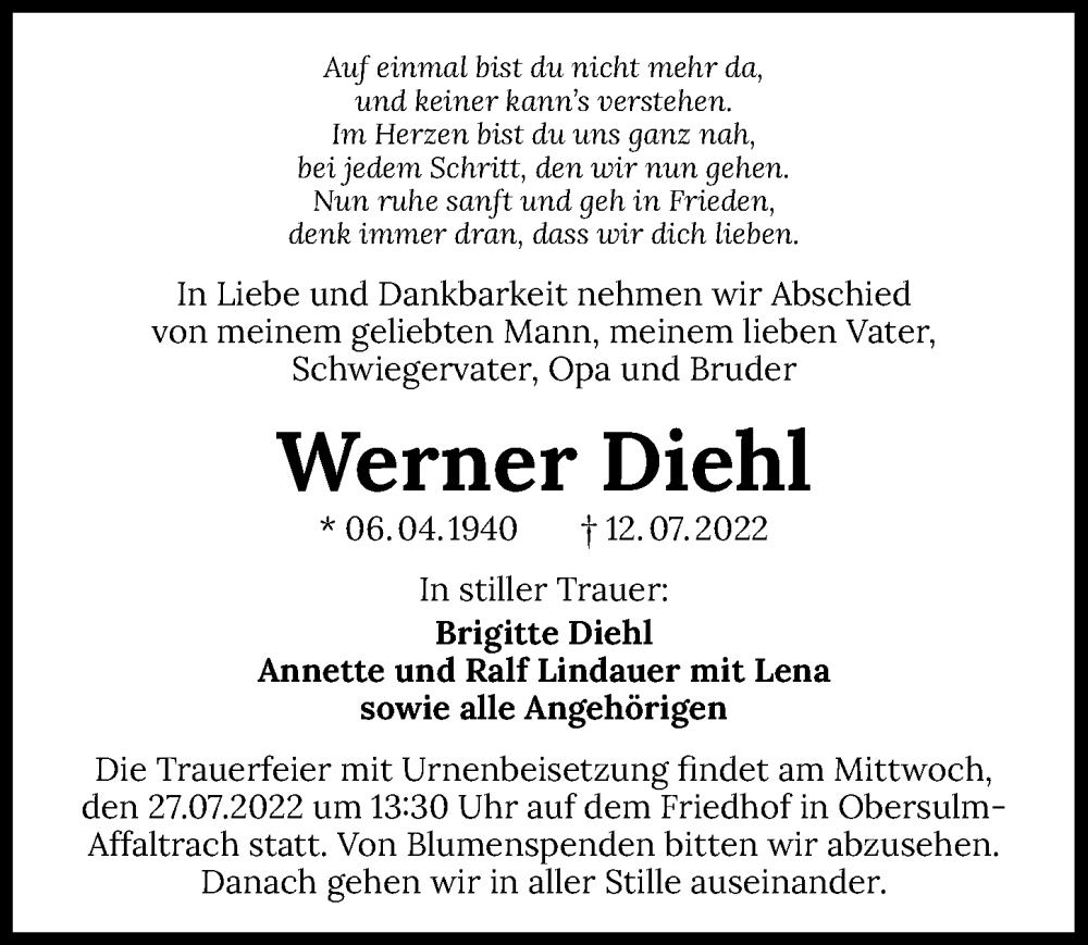  Traueranzeige für Werner Diehl vom 23.07.2022 aus GESAMT