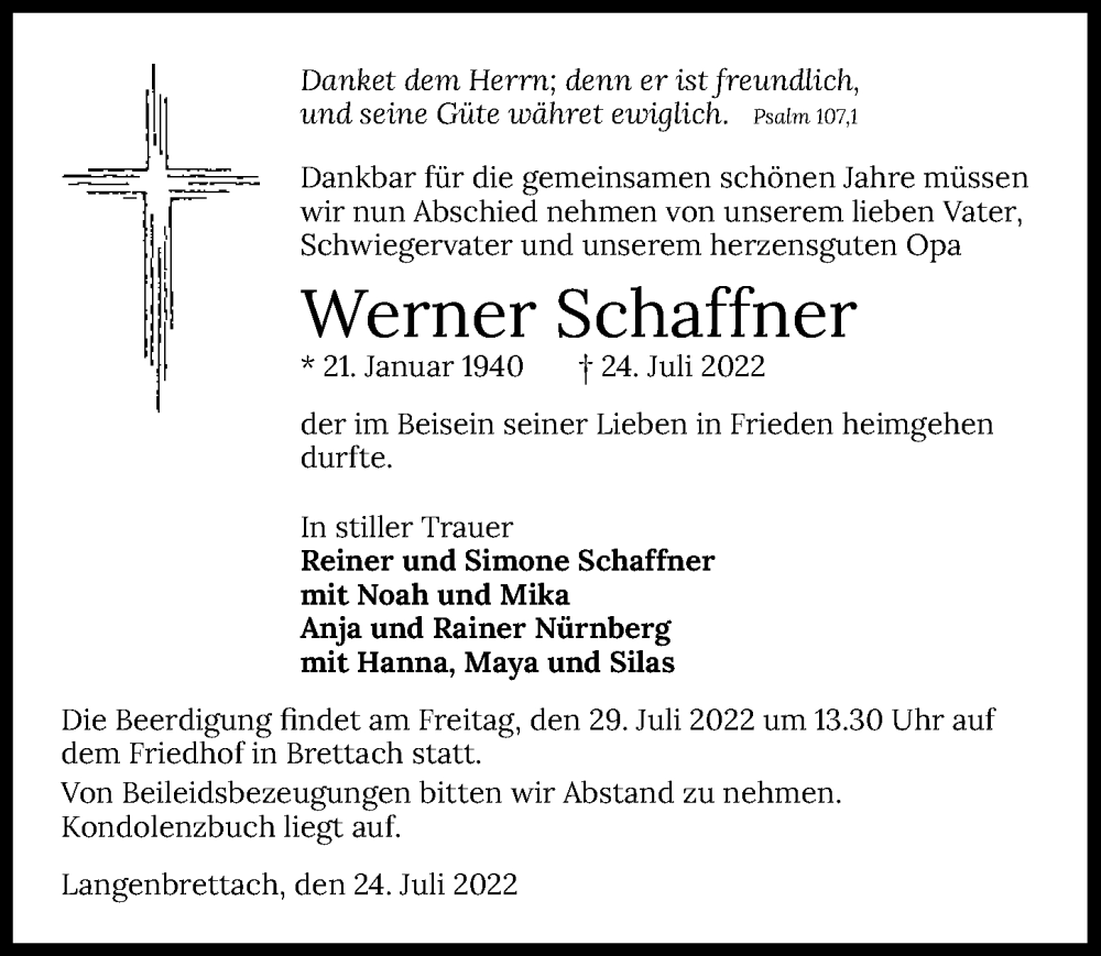  Traueranzeige für Werner Schaffner vom 27.07.2022 aus GESAMT