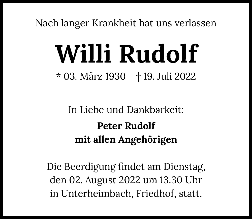  Traueranzeige für Willi Rudolf vom 29.07.2022 aus GESAMT
