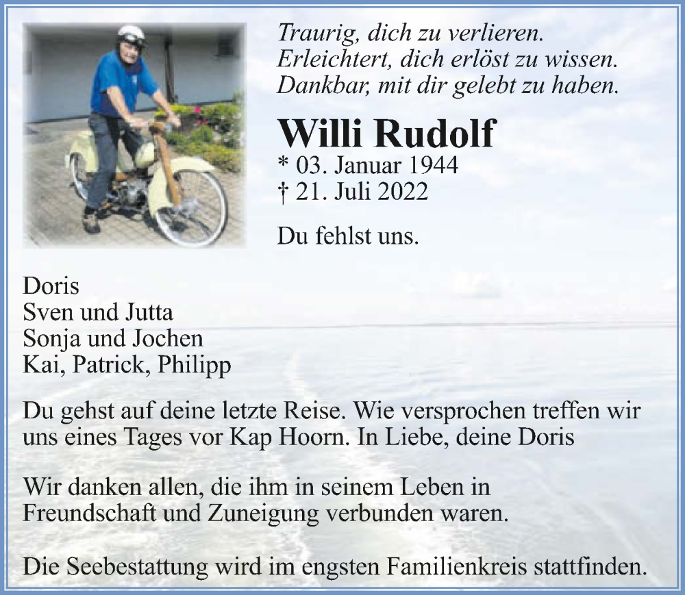  Traueranzeige für Willi Rudolf vom 30.07.2022 aus GESAMT