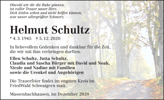 Traueranzeige von Helmut Schultz 