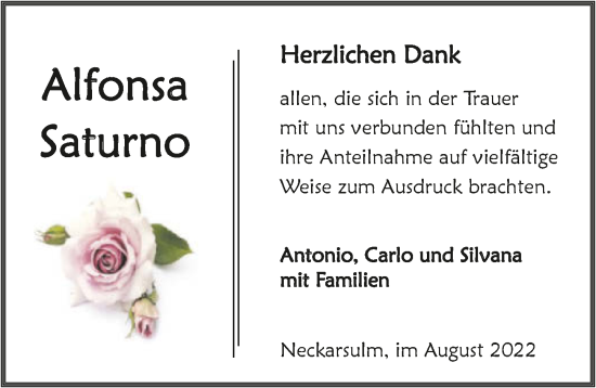 Traueranzeige von Alfonsa Saturno von GESAMT