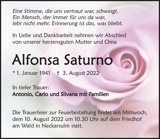 Traueranzeige von Alfonsa Saturno von GESAMT