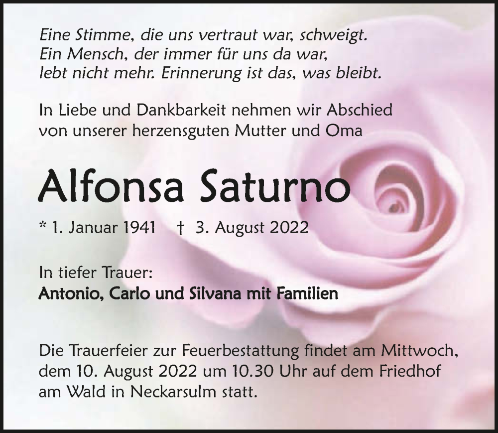  Traueranzeige für Alfonsa Saturno vom 06.08.2022 aus GESAMT