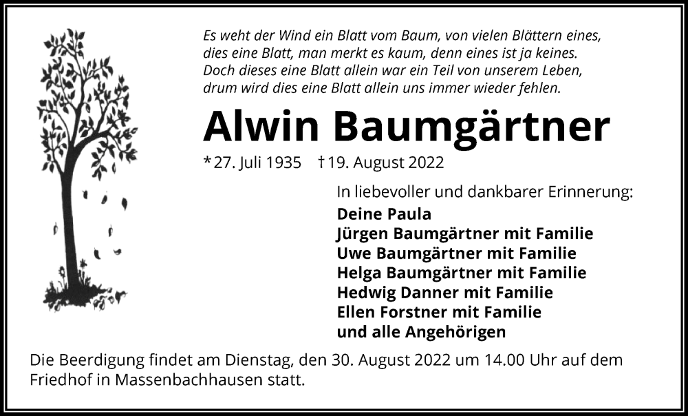  Traueranzeige für Alwin Baumgärtner vom 27.08.2022 aus GESAMT