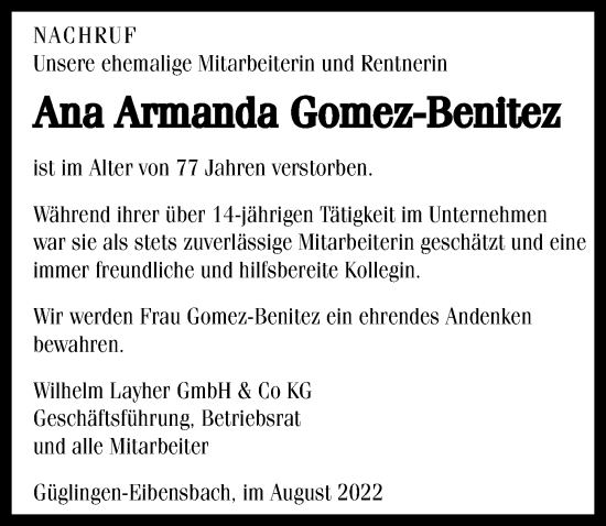 Traueranzeige von Ana Armanda Gomez-Benitez von GESAMT