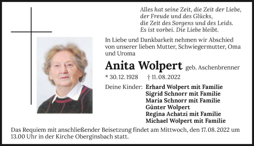  Traueranzeige für Anita Wolpert vom 13.08.2022 aus GESAMT